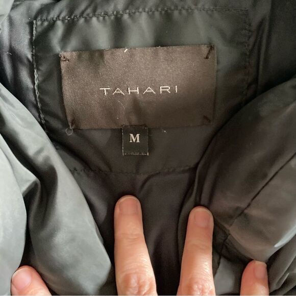 Tahari Women’s long down puffer jacket dark gray green color size M.  GUC! - Picture 3 of 9